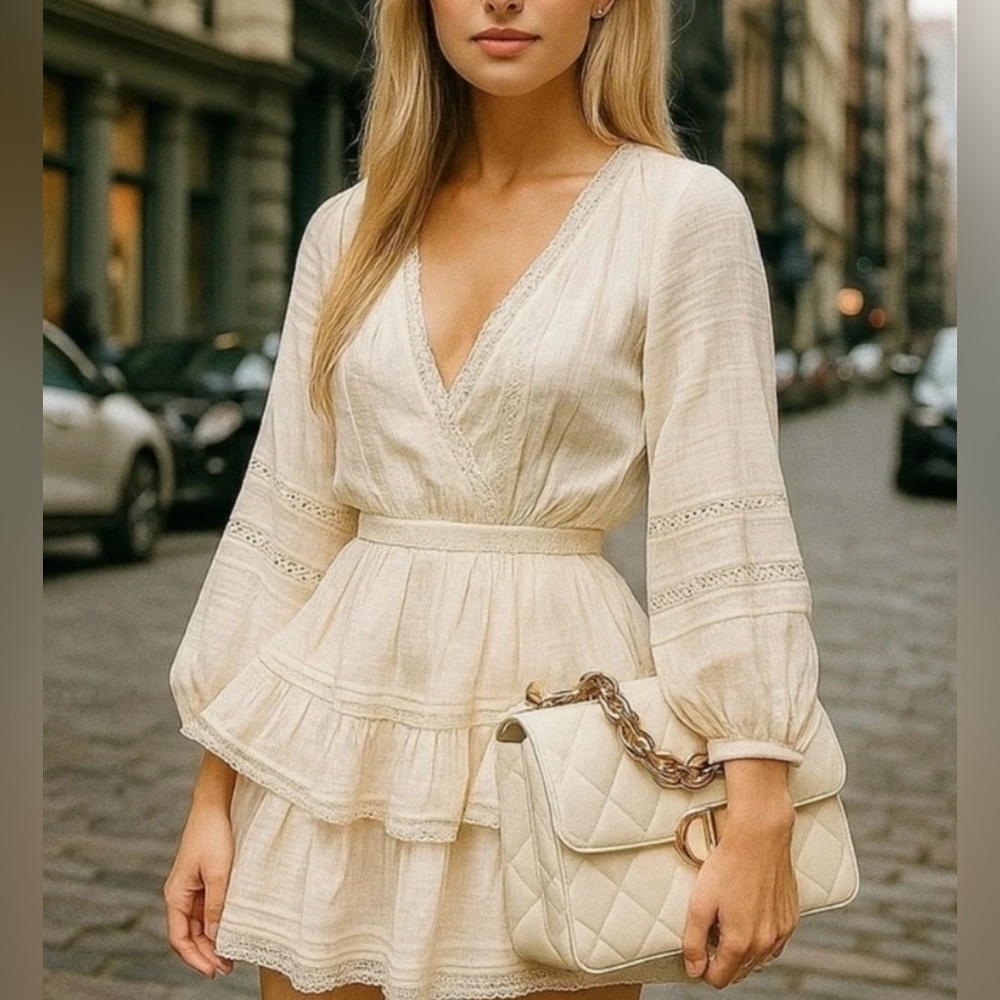 XL New w/Tags American Eagle Outfitters Cream Long Sleeve Lined Dress Lace trim - Picture 1 of 6